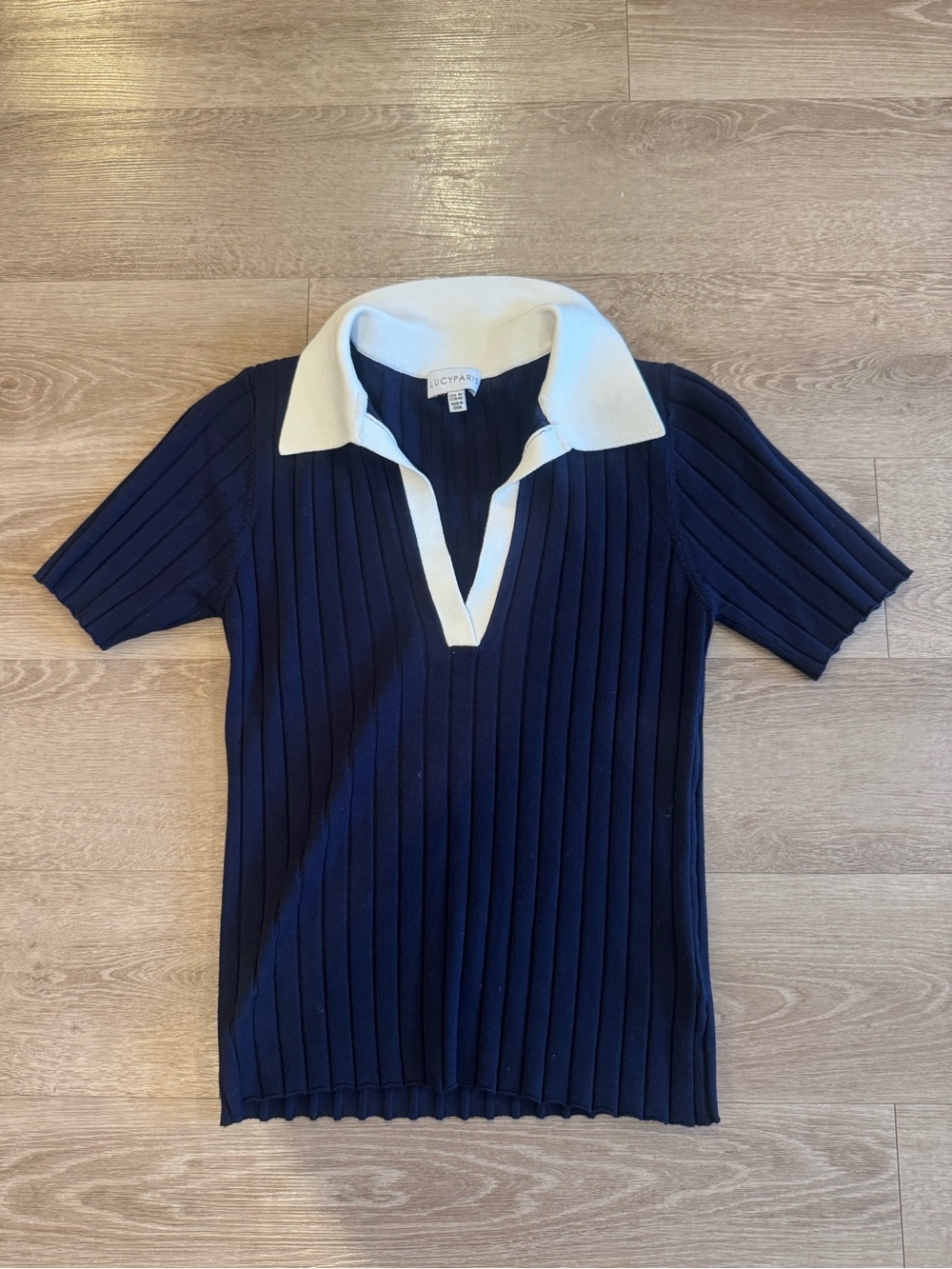 Lucy Paris Navy Ribbed Knit Polo with White Trim